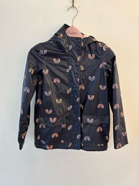 Joe Fresh Kids' Navy Rainbow Print Hooded Rain Jacket, Lined and Warm Size 10-12